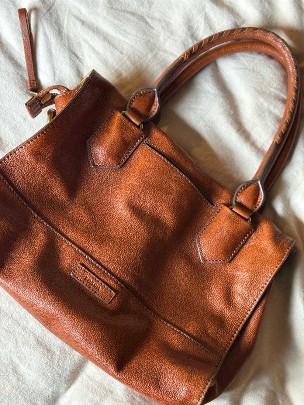 Fossil Cognac Brown Pebbled Leather Shoulder Bag